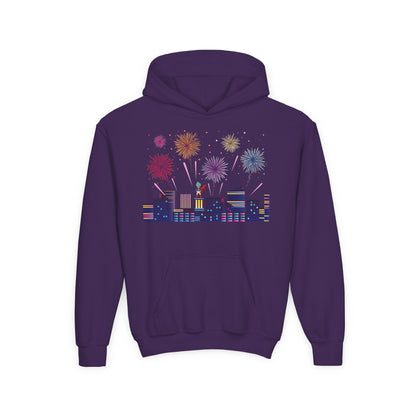 Youth Heavy Blend Hooded Sweatshirt - Super kiddo with fireworks - [[{"value":"Wonderwear Kid"}]]