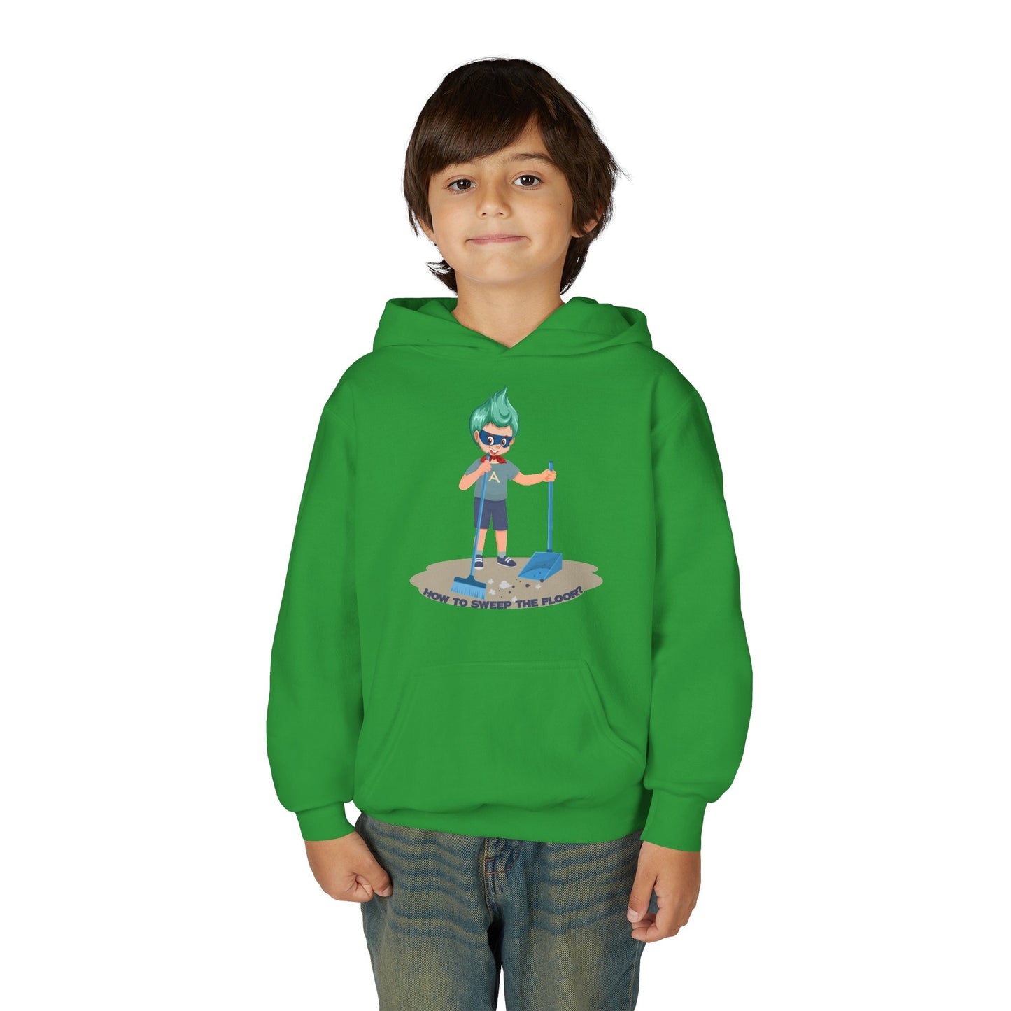 Youth Heavy Blend Hooded Sweatshirt - Super kiddo sweeping floor