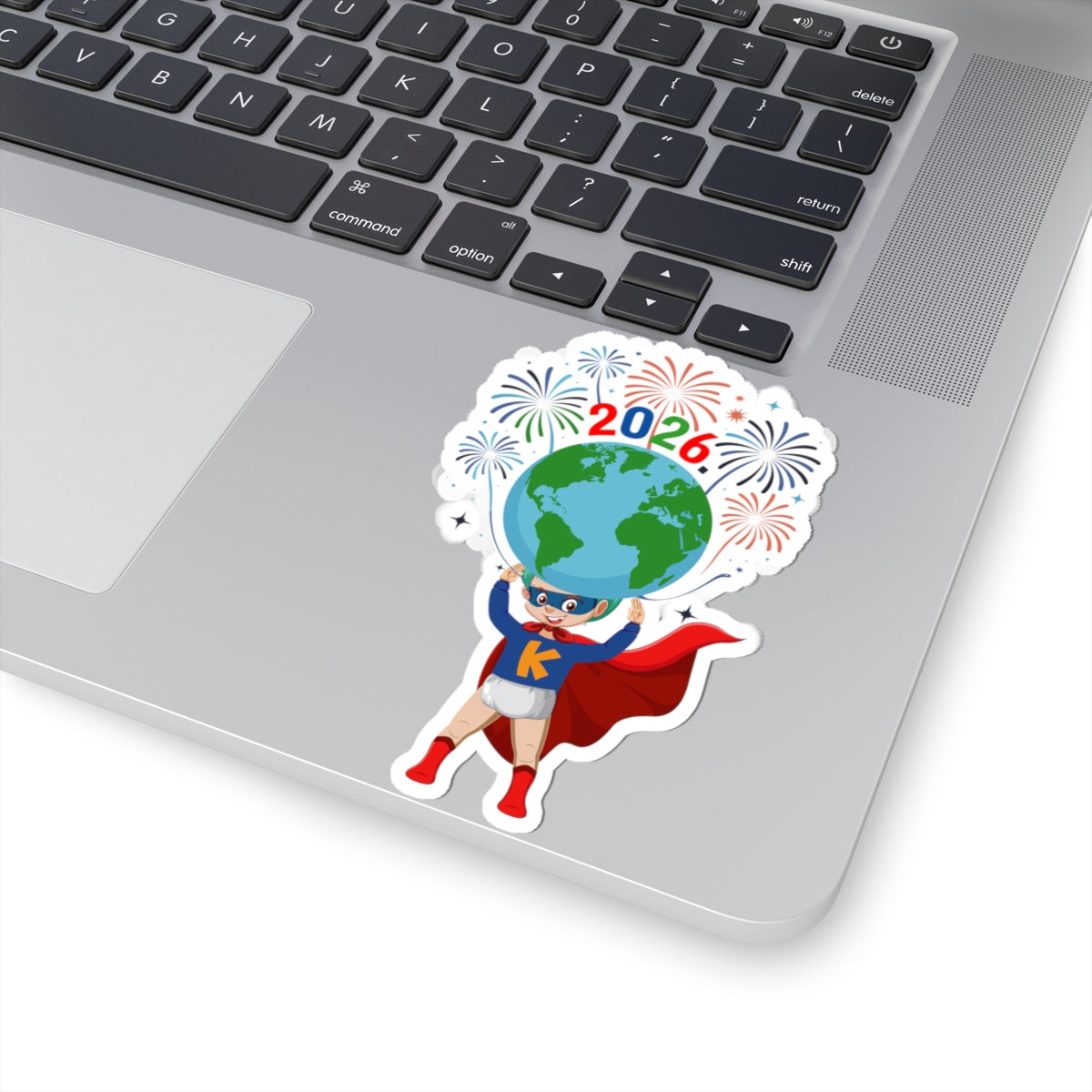 Kiss-Cut Stickers - Super kiddo holding globe - [[{"value":"Wonderwear Kid"}]]