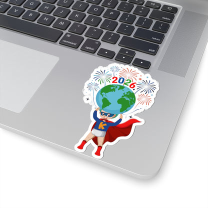 Kiss-Cut Stickers - Super kiddo holding globe - [[{"value":"Wonderwear Kid"}]]