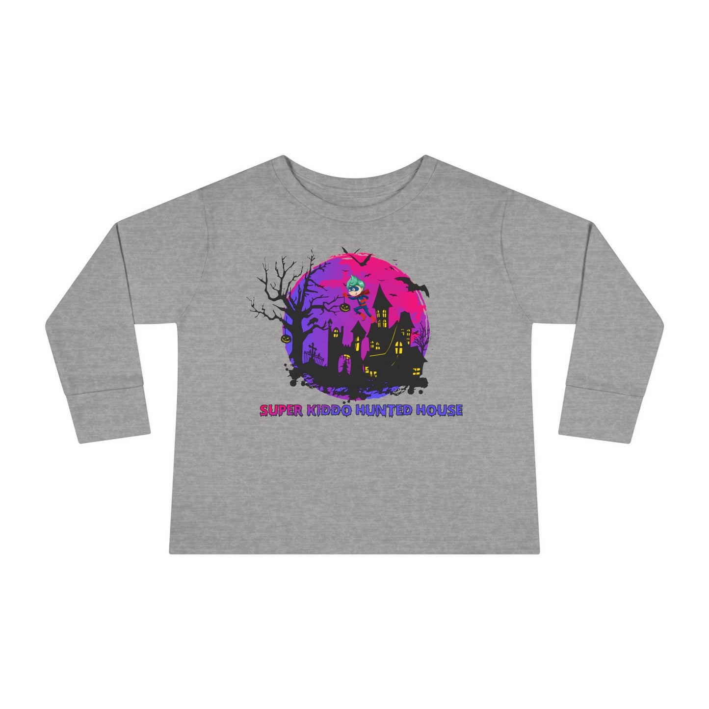 Toddler Long Sleeve Tee - Super kiddo flying on hunted house