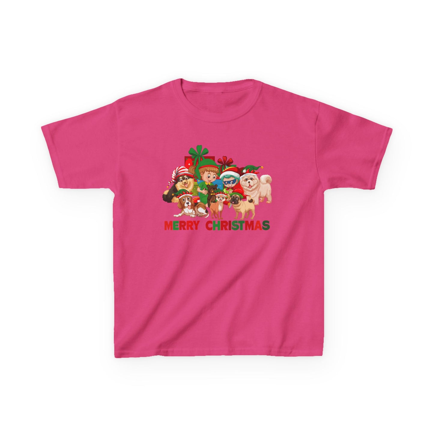 Kids Heavy Cotton™ Tee - Christmas with super kiddo pet friends with text - [[{"value":"Wonderwear Kid"}]]