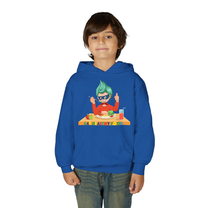 Youth Heavy Blend Hooded Sweatshirt - Super kiddo eating healthy breafast - [[{"value":"Wonderwear Kid"}]]