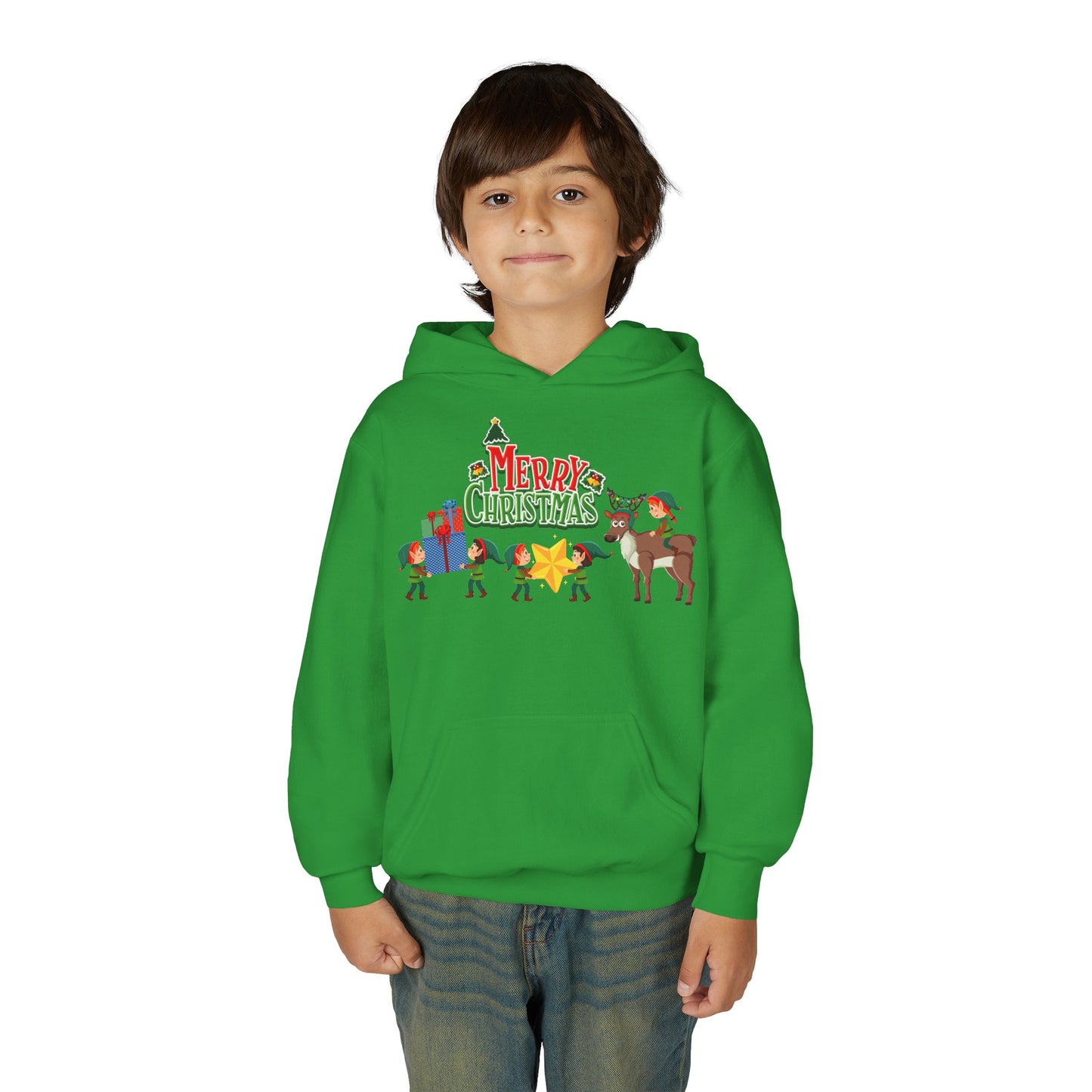 Youth Heavy Blend Hooded Sweatshirt - Merry christmas and reindeer