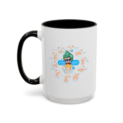 Accent Coffee Mug - Super kiddo hand washing steps - [[{"value":"Wonderwear Kid"}]]
