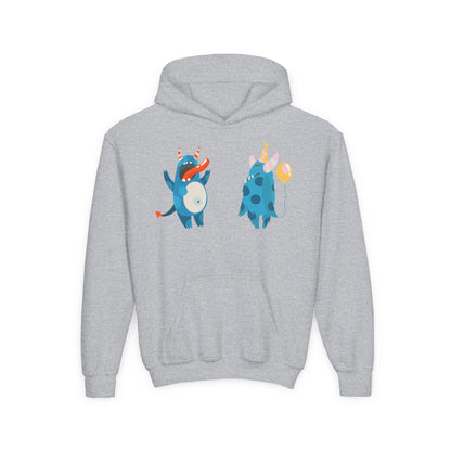 Youth Heavy Blend Hooded Sweatshirt - Blue monsters in action Printify