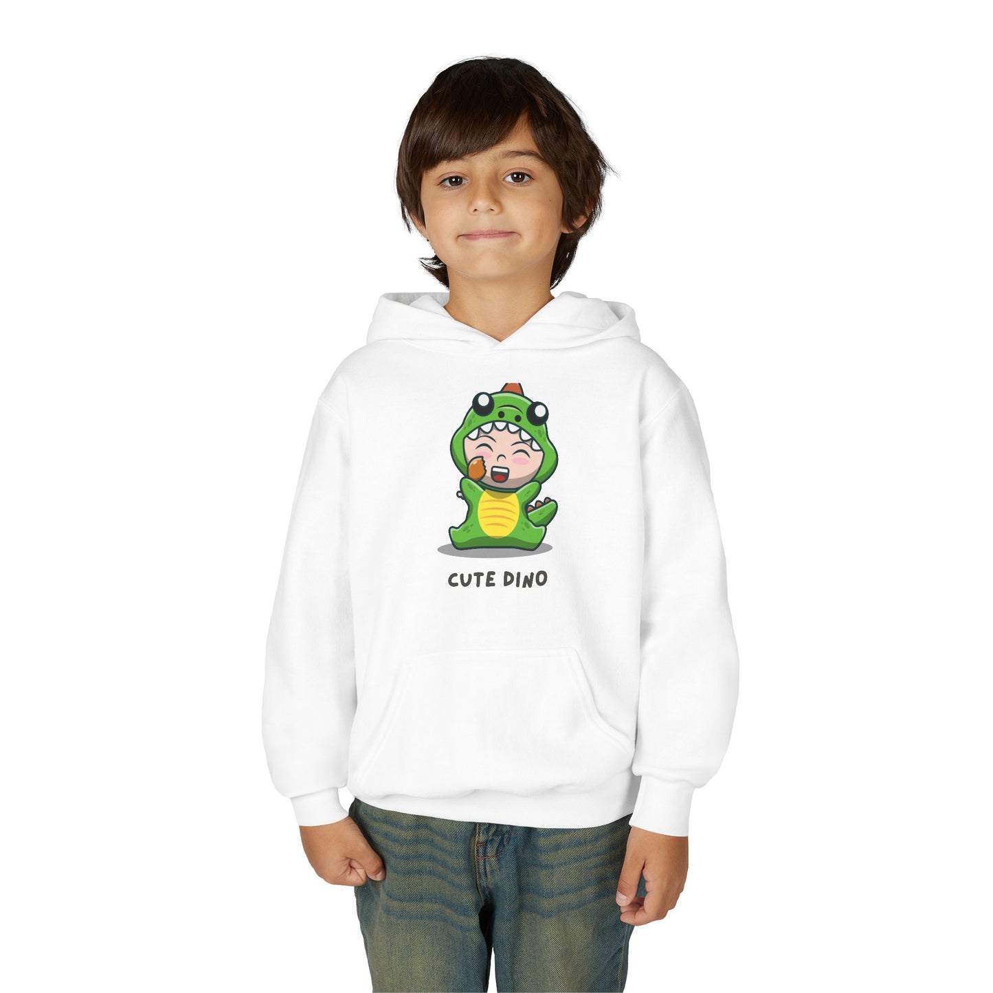 Youth Heavy Blend Hooded Sweatshirt - Green Cute Dino