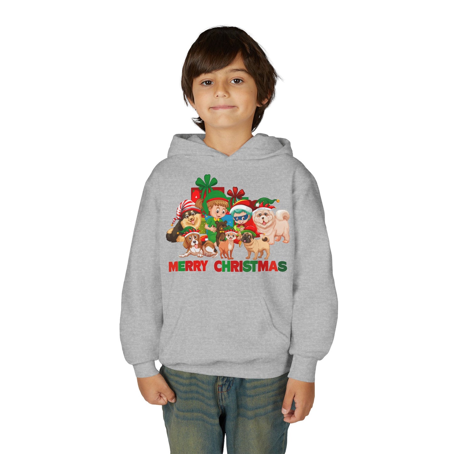 Youth Heavy Blend Hooded Sweatshirt - Christmas with super kiddo pet friends with text