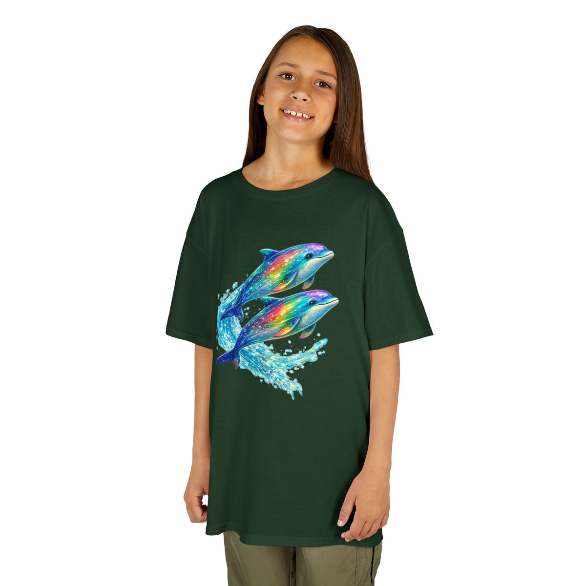 Kids Heavy Cotton™ Tee - Iridescent porpoises swimming in glowing water