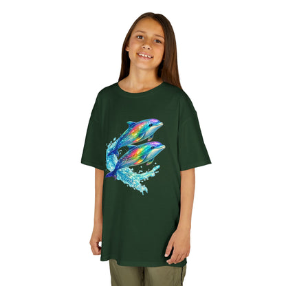 Kids Heavy Cotton™ Tee - Iridescent porpoises swimming in glowing water