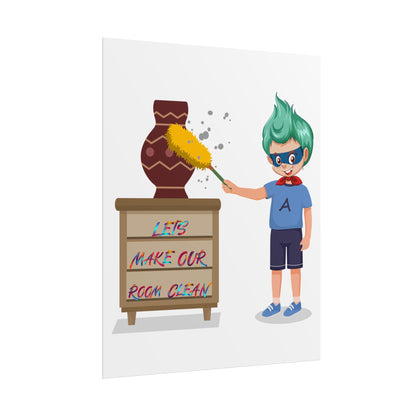 Rolled Posters - Super kiddo cleaning a vase - [[{"value":"Wonderwear Kid"}]]