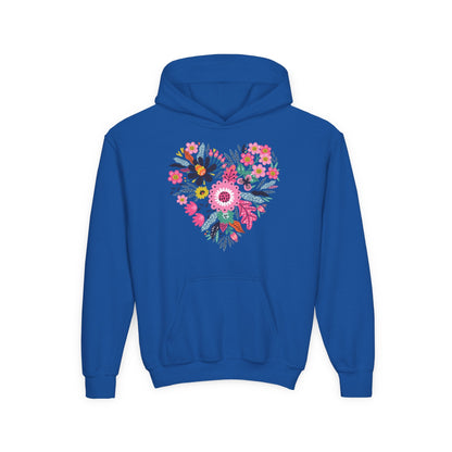 Youth Heavy Blend Hooded Sweatshirt - Flower hearts Printify