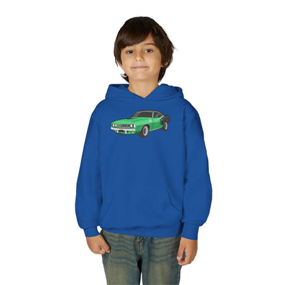 Youth Heavy Blend Hooded Sweatshirt - Vintage green car Printify