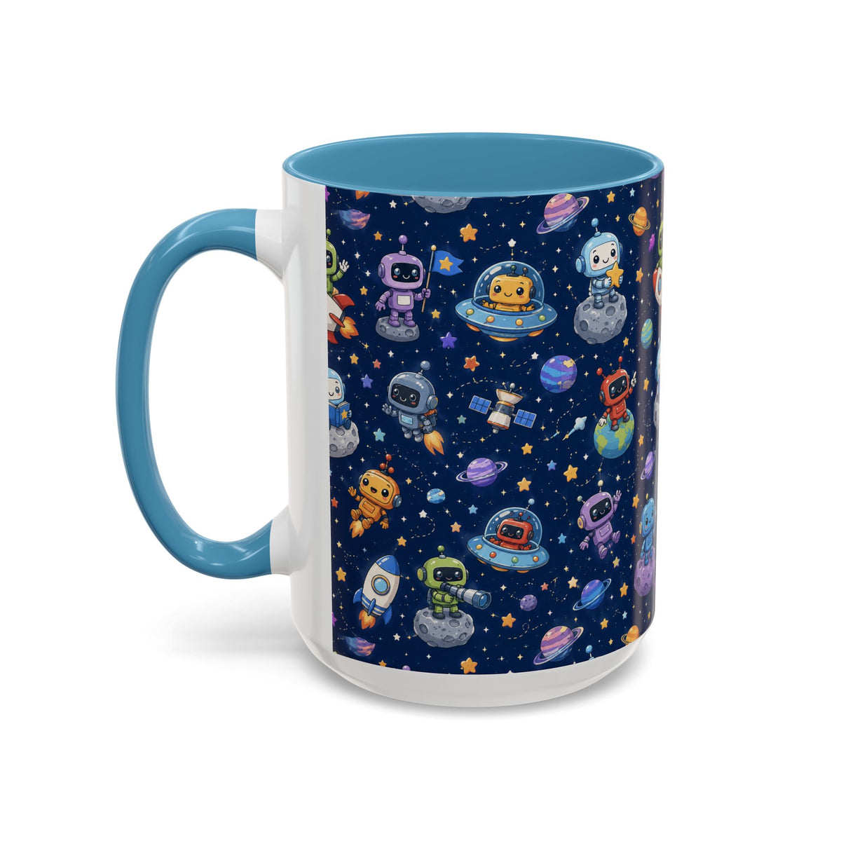 Galactic Robots Accent Coffee Mug — Cute Space Astronaut Pattern (11/15 oz)