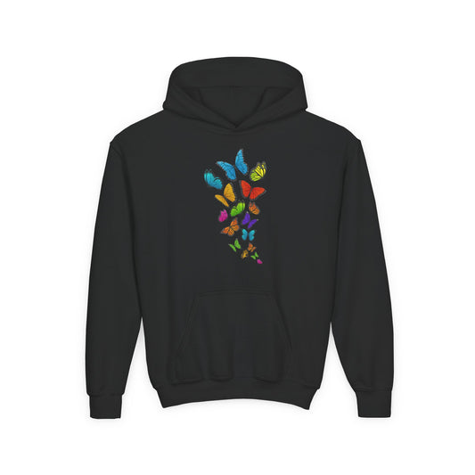 Youth Heavy Blend Hooded Sweatshirt - Group of colorful butterflies Printify