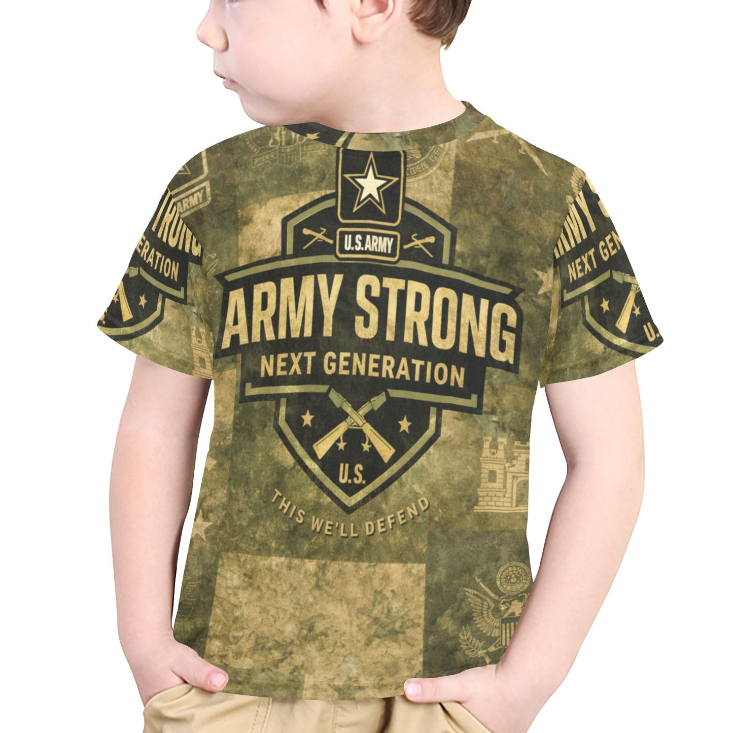Little Kids' All Over Print Crew Neck T-Shirt - Proud to Serve - Young Patriot - Army Strong - Next Generation