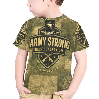 Little Kids' All Over Print Crew Neck T-Shirt - Proud to Serve - Young Patriot - Army Strong - Next Generation