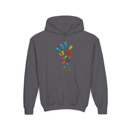 Youth Heavy Blend Hooded Sweatshirt - Group of colorful butterflies Printify