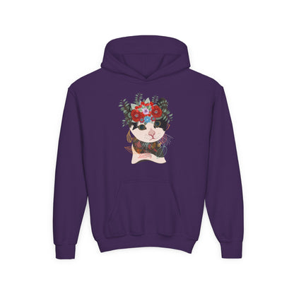 Youth Heavy Blend Hooded Sweatshirt - Lovely cat with crown flower Printify