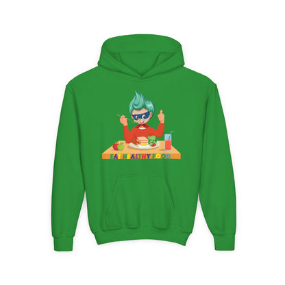 Youth Heavy Blend Hooded Sweatshirt - Super kiddo eating healthy breafast - [[{"value":"Wonderwear Kid"}]]