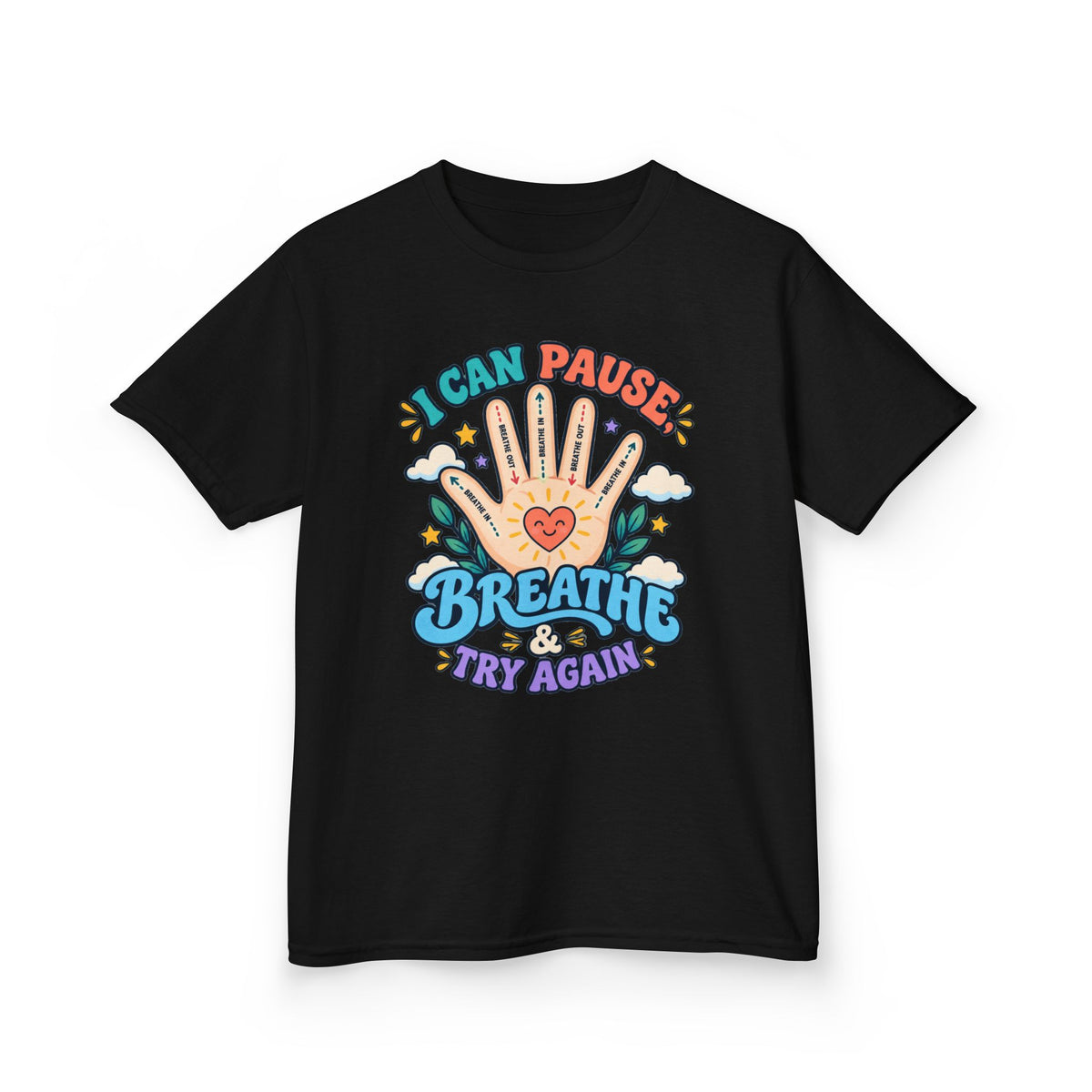 Kids Heavy Cotton™ Tee - Pause, Breathe, Try Again Hand Guide