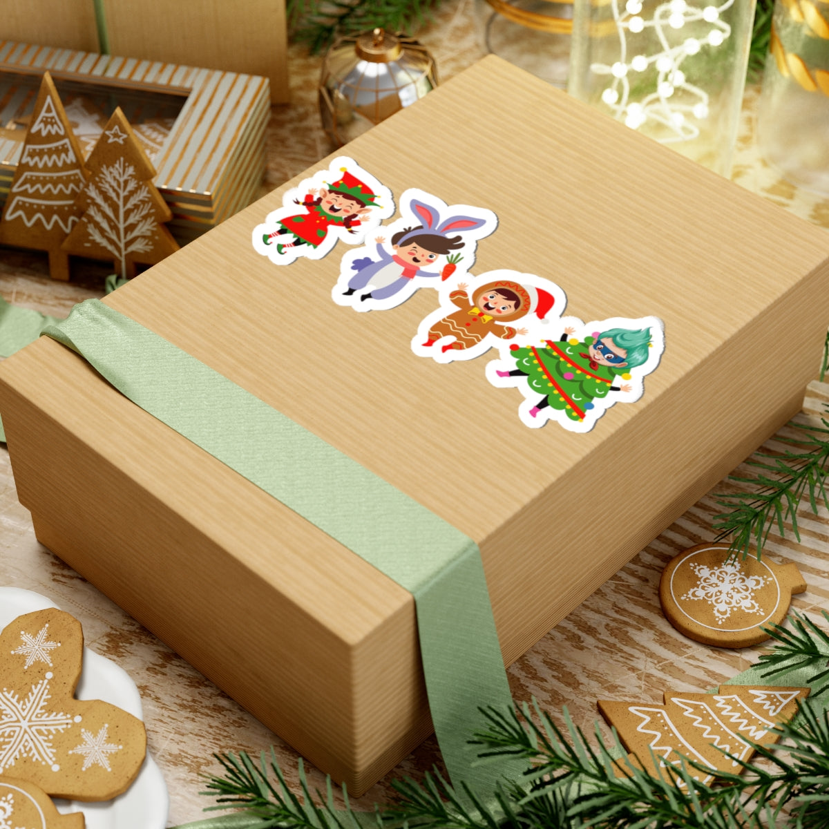 Kiss-Cut Stickers - Super kiddo in christmas tree attire - [[{"value":"Wonderwear Kid"}]]