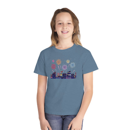 Youth Midweight Tee -  Super kiddo with fireworks - [[{"value":"Wonderwear Kid"}]]