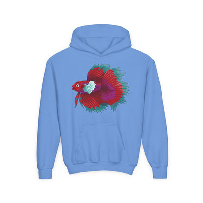 Youth Heavy Blend Hooded Sweatshirt - Red Siamese fighting fish Printify