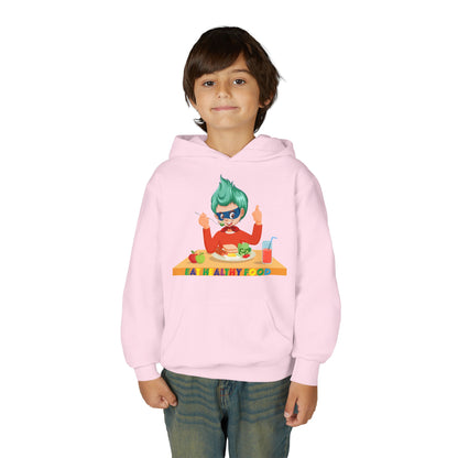 Youth Heavy Blend Hooded Sweatshirt - Super kiddo eating healthy breafast - [[{"value":"Wonderwear Kid"}]]