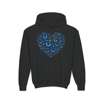 Youth Heavy Blend Hooded Sweatshirt -  Heart shape blue morpho butterfly Printify