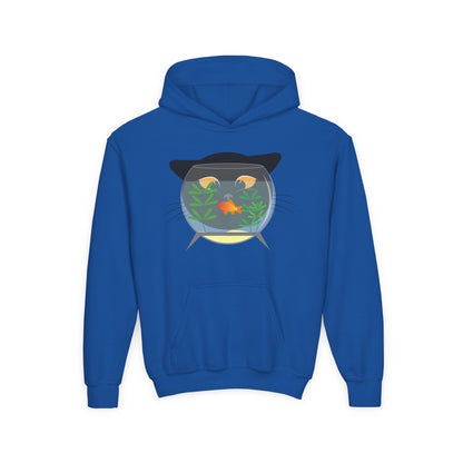 Youth Heavy Blend Hooded Sweatshirt -  Black cat and gold fish Printify