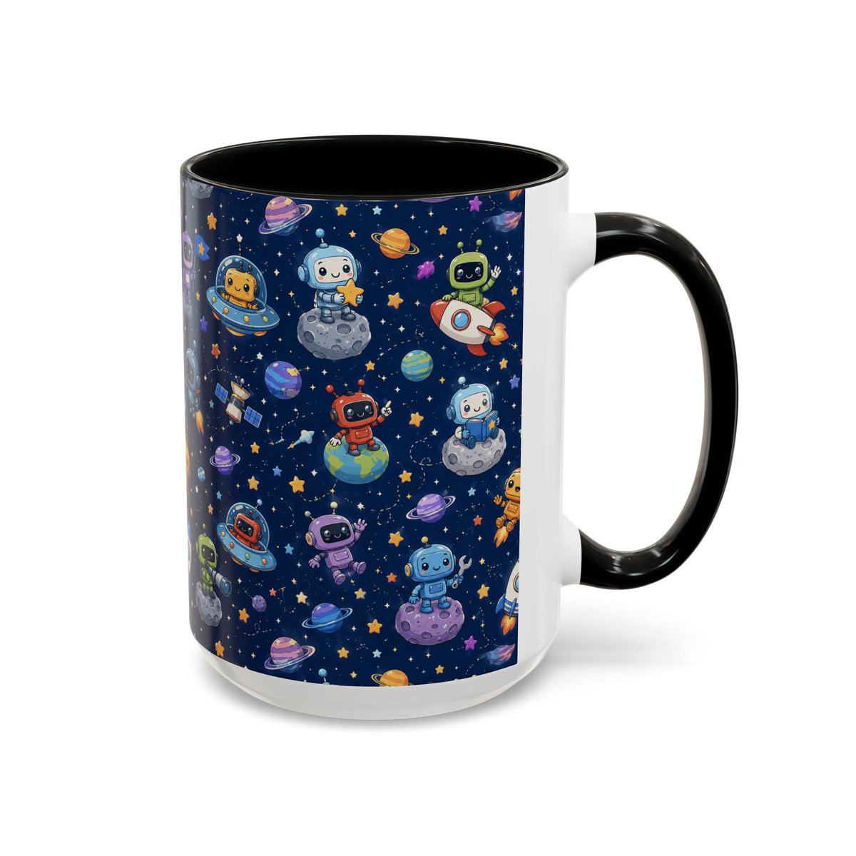 Galactic Robots Accent Coffee Mug — Cute Space Astronaut Pattern (11/15 oz)