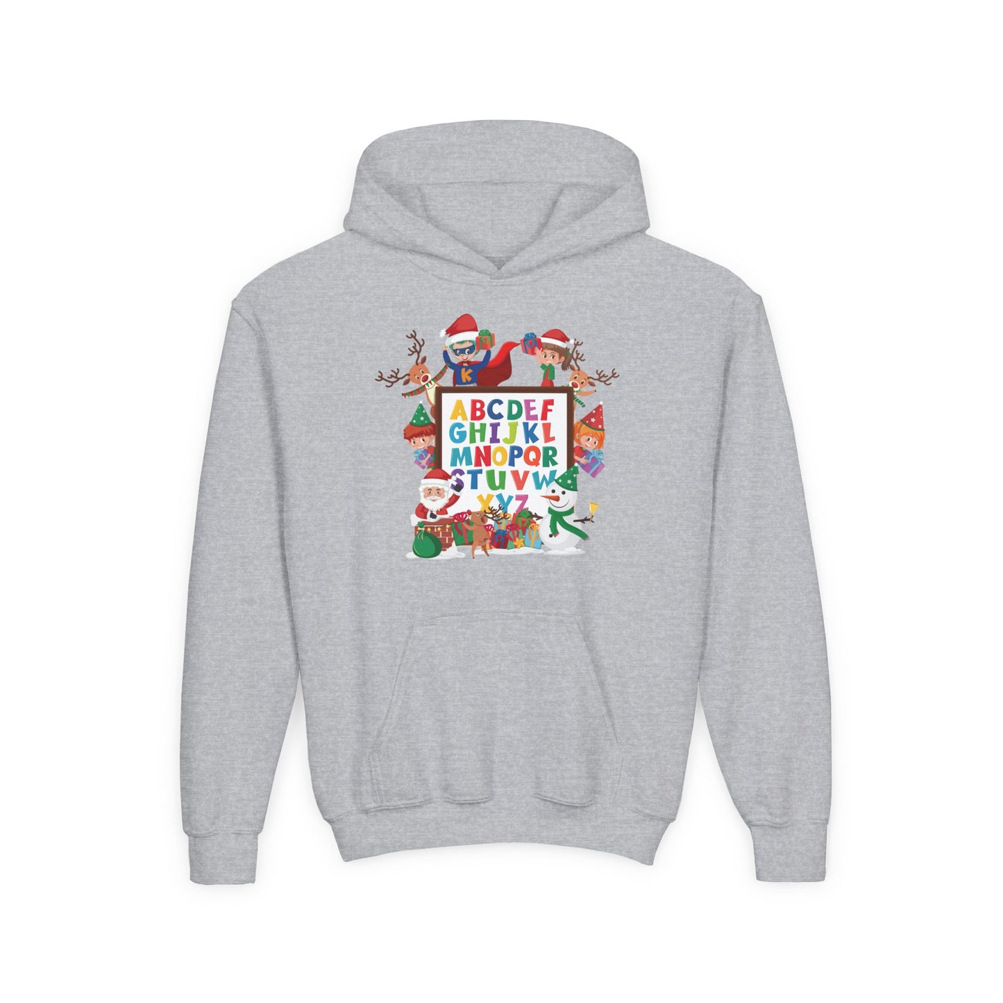 Youth Heavy Blend Hooded Sweatshirt - Christmas alphabet with super kiddo