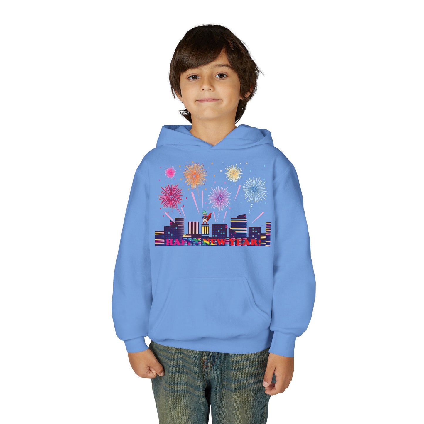 Youth Heavy Blend Hooded Sweatshirt - Super kiddo with fireworks with text