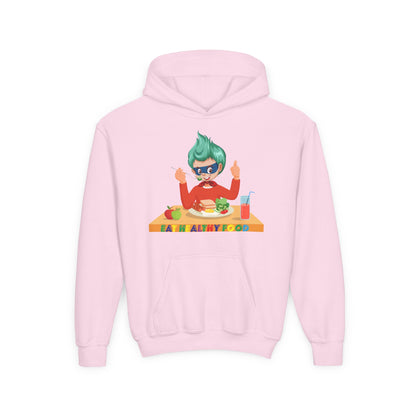 Youth Heavy Blend Hooded Sweatshirt - Super kiddo eating healthy breafast - [[{"value":"Wonderwear Kid"}]]