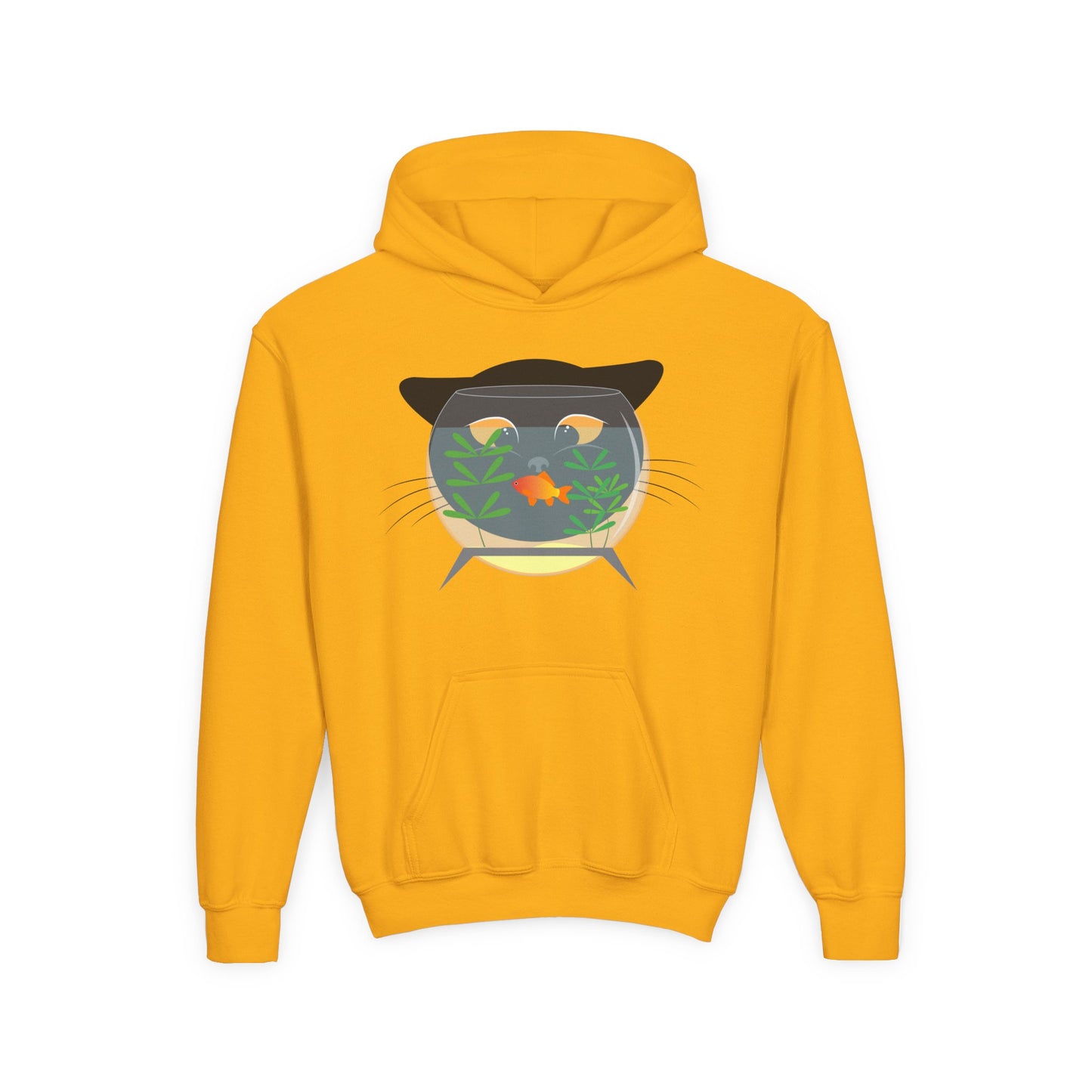 Youth Heavy Blend Hooded Sweatshirt -  Black cat and gold fish