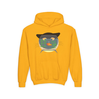 Youth Heavy Blend Hooded Sweatshirt -  Black cat and gold fish Printify