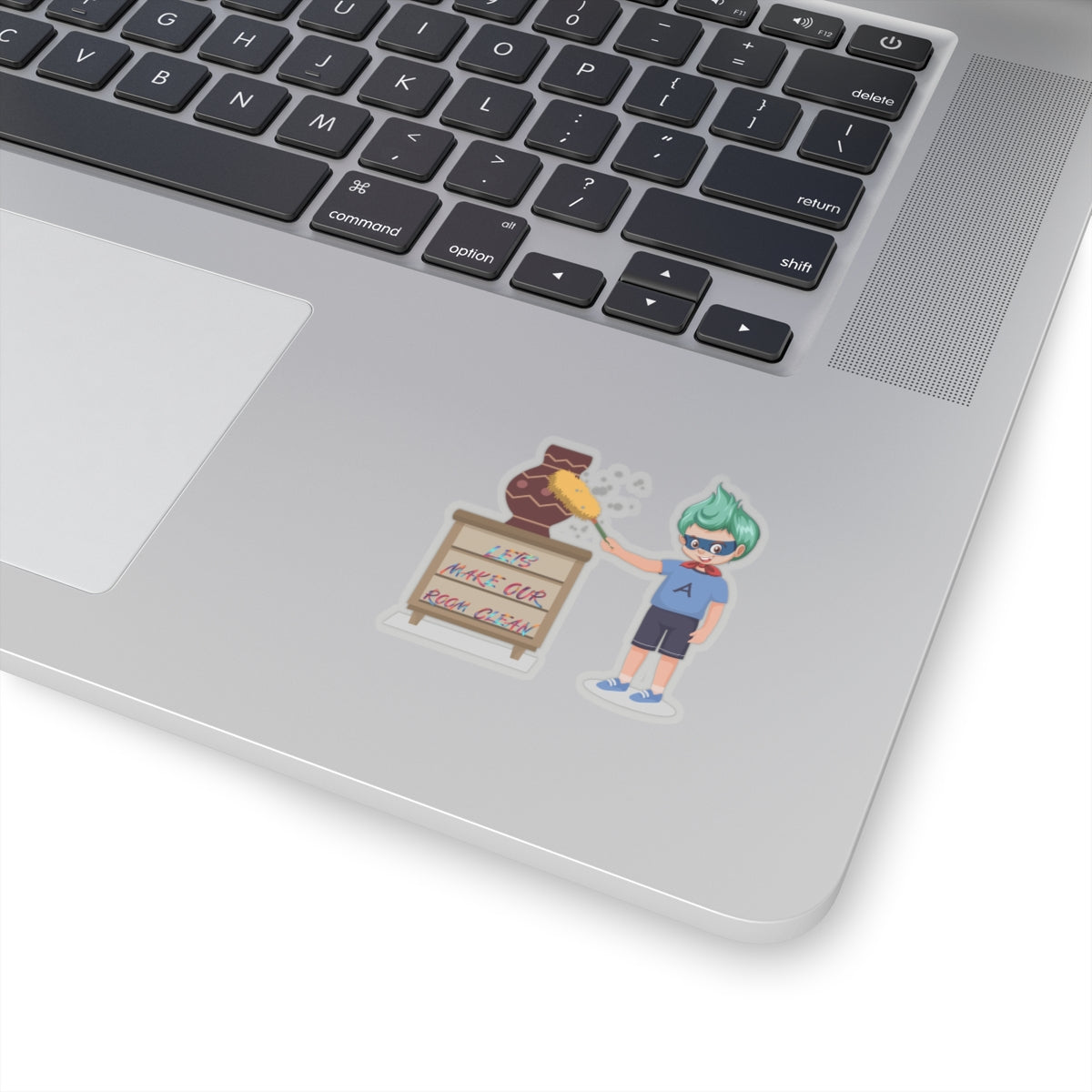 Kiss-Cut Stickers - Super kiddo cleaning a vase - [[{"value":"Wonderwear Kid"}]]