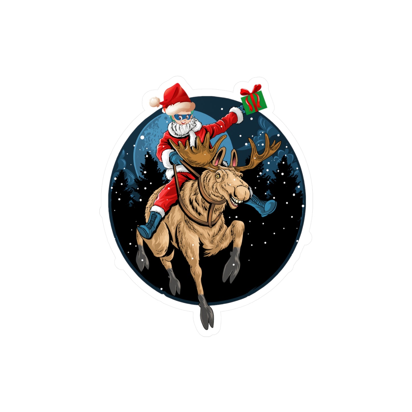 Christmas Kiss-Cut Vinyl Decals – Super kiddo riding a reindeer - [[{"value":"Wonderwear Kid"}]]