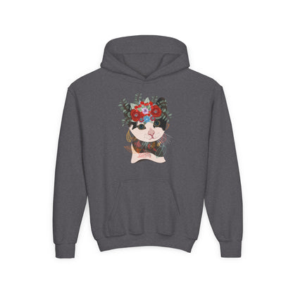 Youth Heavy Blend Hooded Sweatshirt - Lovely cat with crown flower Printify
