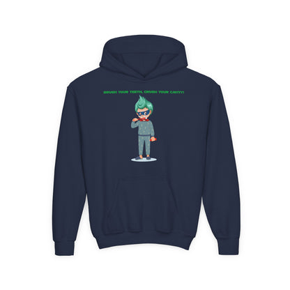 Youth Heavy Blend Hooded Sweatshirt - Super kiddo brushing teeth - [[{"value":"Wonderwear Kid"}]]