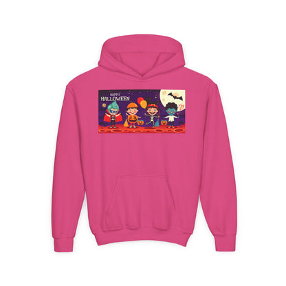 Youth Heavy Blend Hooded Sweatshirt - Super kiddo with friends on holloween - [[{"value":"Wonderwear Kid"}]]