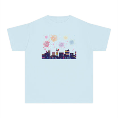 Youth Midweight Tee -  Super kiddo with fireworks - [[{"value":"Wonderwear Kid"}]]