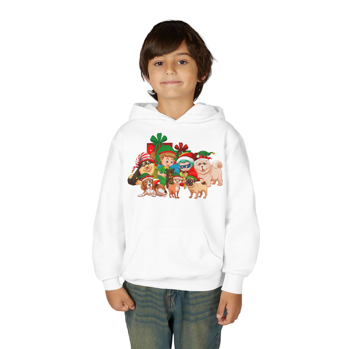 Youth Heavy Blend Hooded Sweatshirt - Christmas with super kiddo pet friends without text