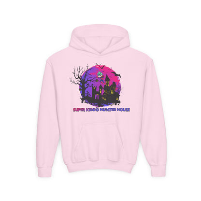 Youth Heavy Blend Hooded Sweatshirt - Super kiddo flying on hunted house - [[{"value":"Wonderwear Kid"}]]