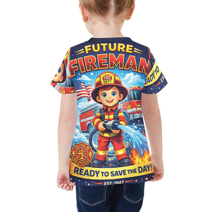 Little Kids' All Over Print Crew Neck T-Shirt - Proud to Serve - Young Patriot - Future Fireman