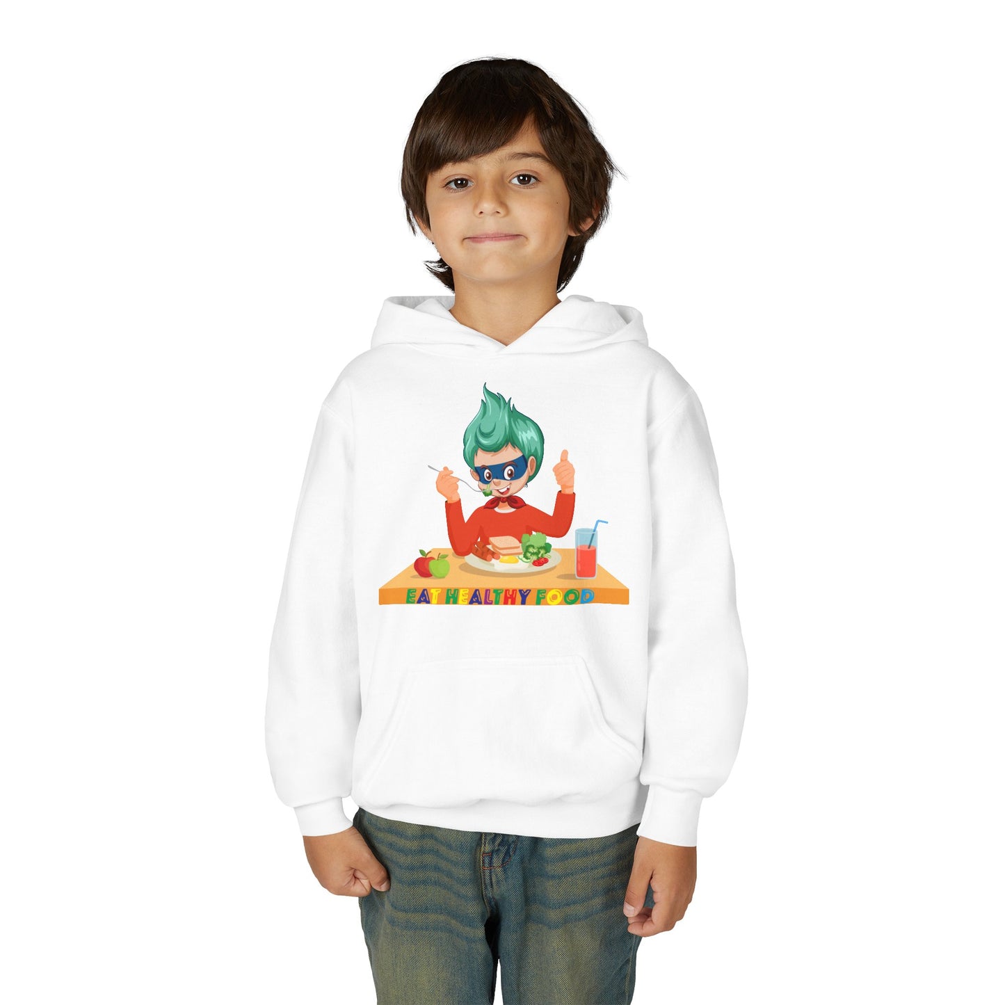 Youth Heavy Blend Hooded Sweatshirt - Super kiddo eating healthy breafast