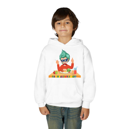 Youth Heavy Blend Hooded Sweatshirt - Super kiddo eating healthy breafast - [[{"value":"Wonderwear Kid"}]]