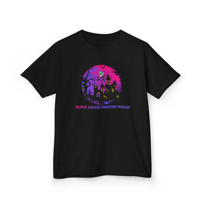 Kids Heavy Cotton™ Tee - Super kiddo flying on hunted house - [[{"value":"Wonderwear Kid"}]]