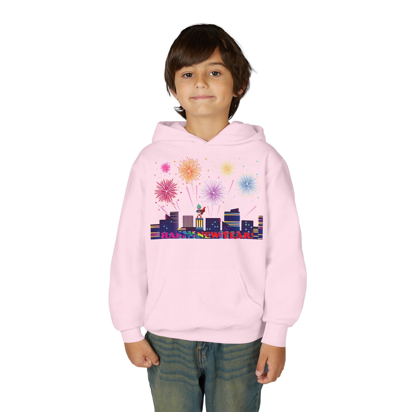 Youth Heavy Blend Hooded Sweatshirt - Super kiddo with fireworks with text